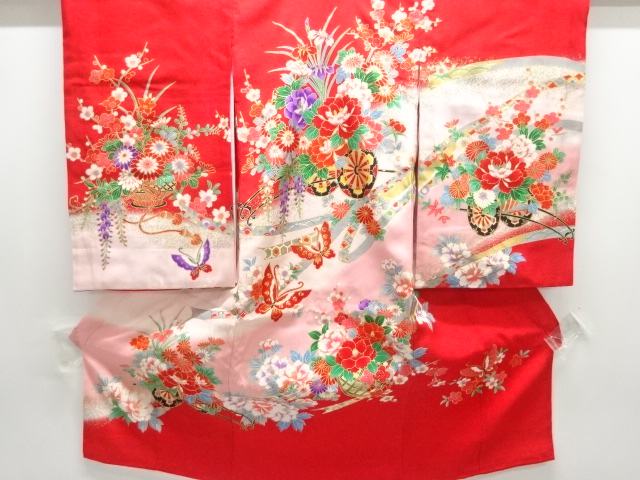 花車に蝶模様子供着物（長襦袢・内袖付き）